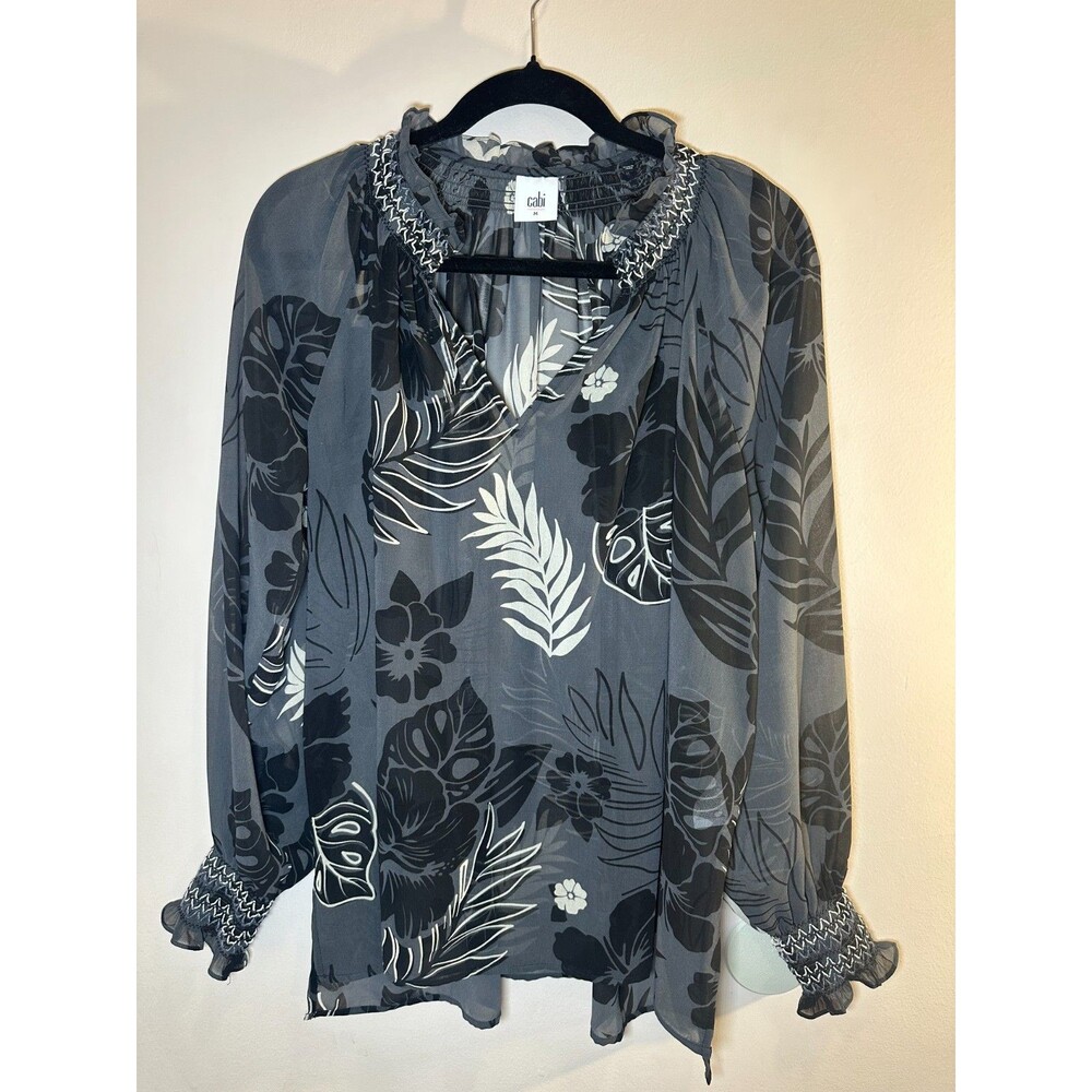 CABI Women’s Tropical Aloha Peasant Blouse in Black-Size Medium
